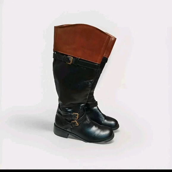 Rampage Britney Black Brown Colorblock Calf Heeled Boots Womens Size 8.5 W - Picture 1 of 11